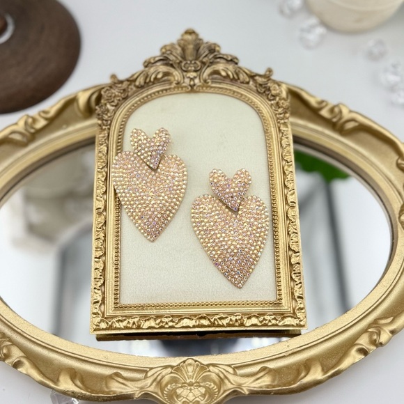 Statement Heart Earrings | Gold-Tone Rhinestone Drop Dangles - Picture 1 of 9